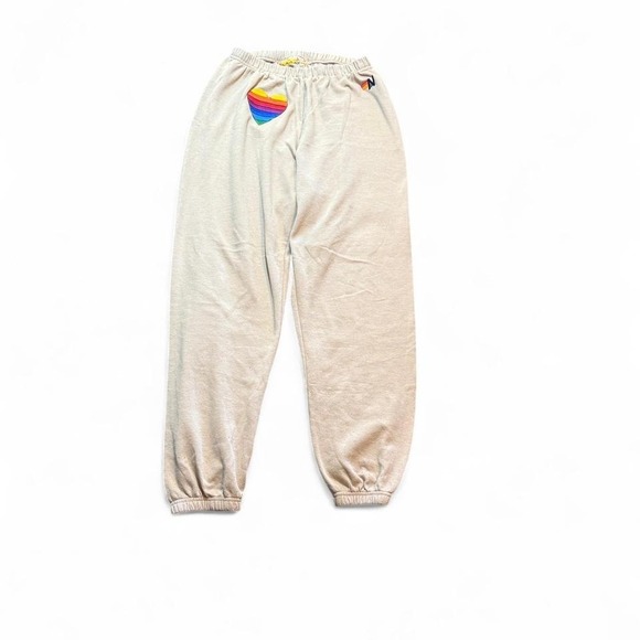 Aviator Nation Heart Rainbow Stitch Sweatpants Tan Womens Large - Picture 1 of 5